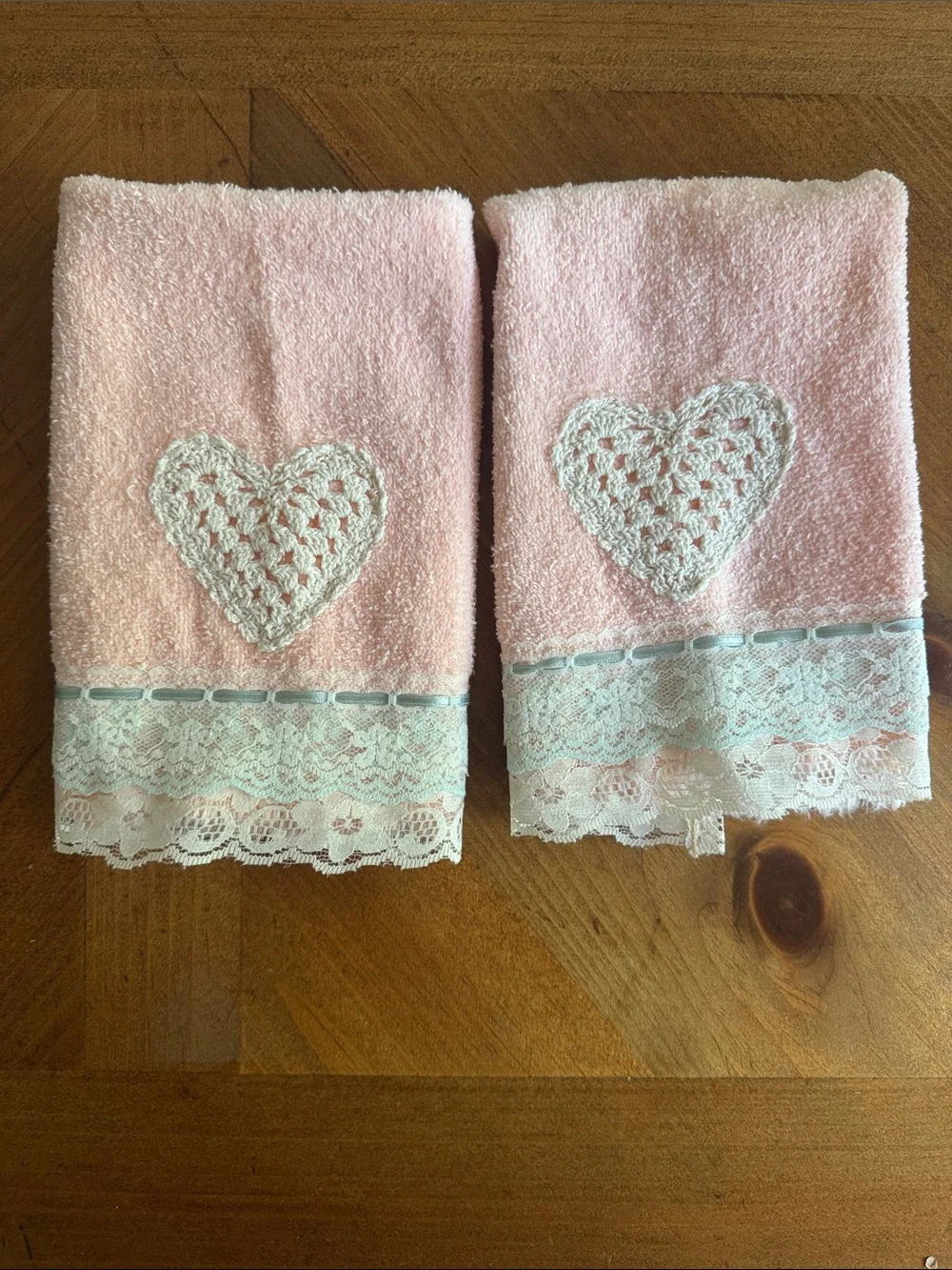 vintage soft pink wash cloths  white crochet heart appliqués and lace trim